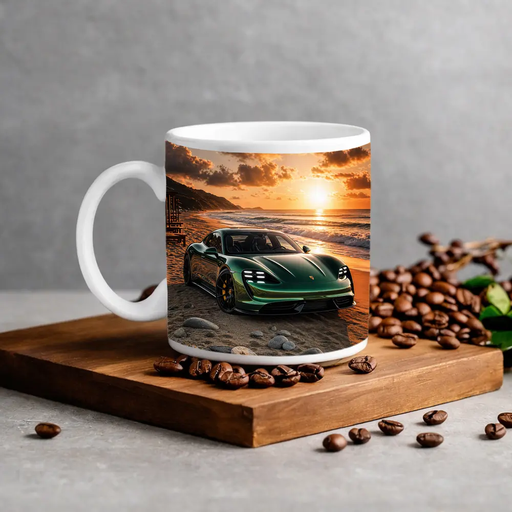 Porsche Taycan Green on Sunset Beach – Mugs