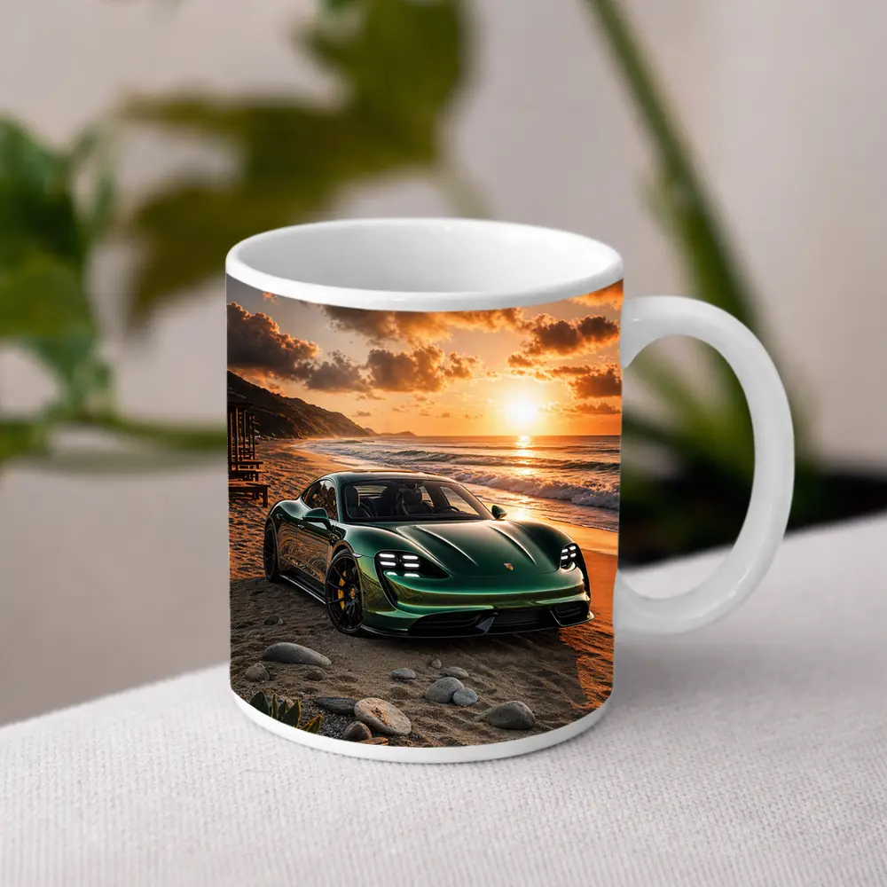 Porsche Taycan Green on Sunset Beach – Mugs