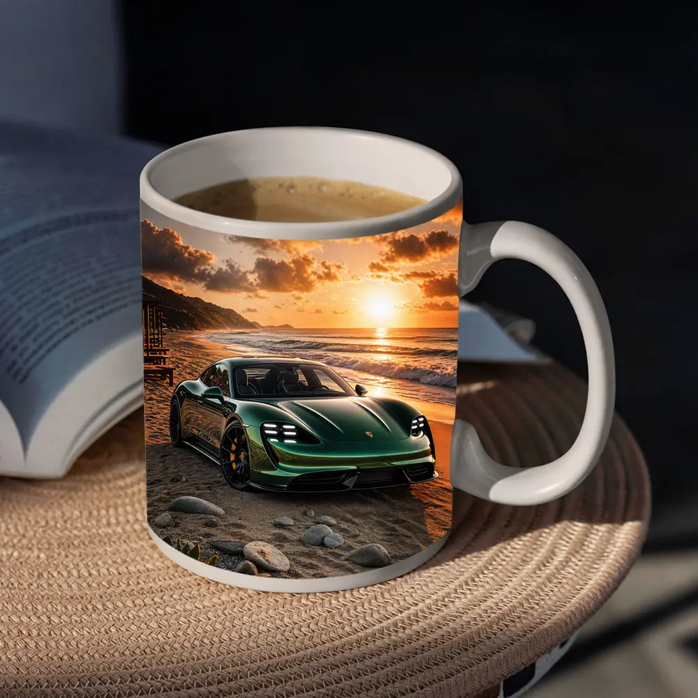 Porsche Taycan Green on Sunset Beach – Mugs