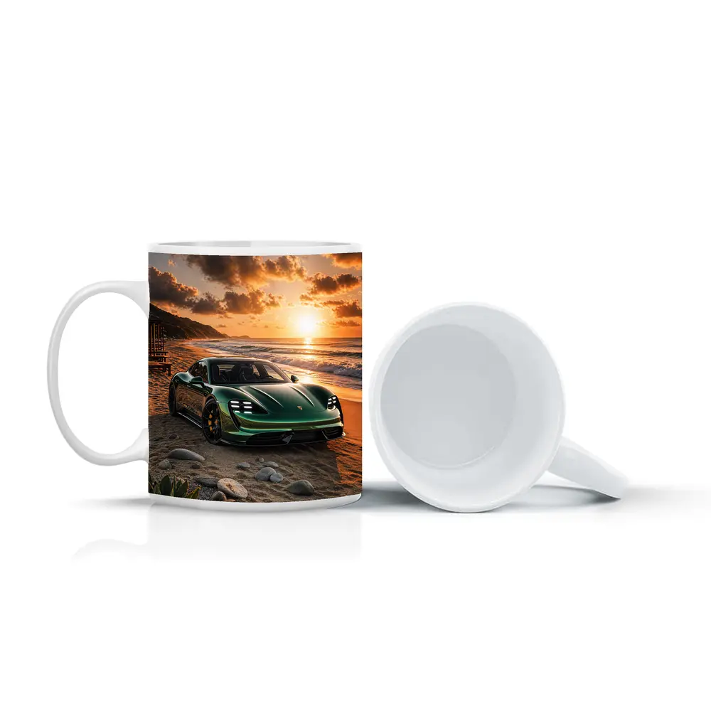 Porsche Taycan Green on Sunset Beach – Mugs