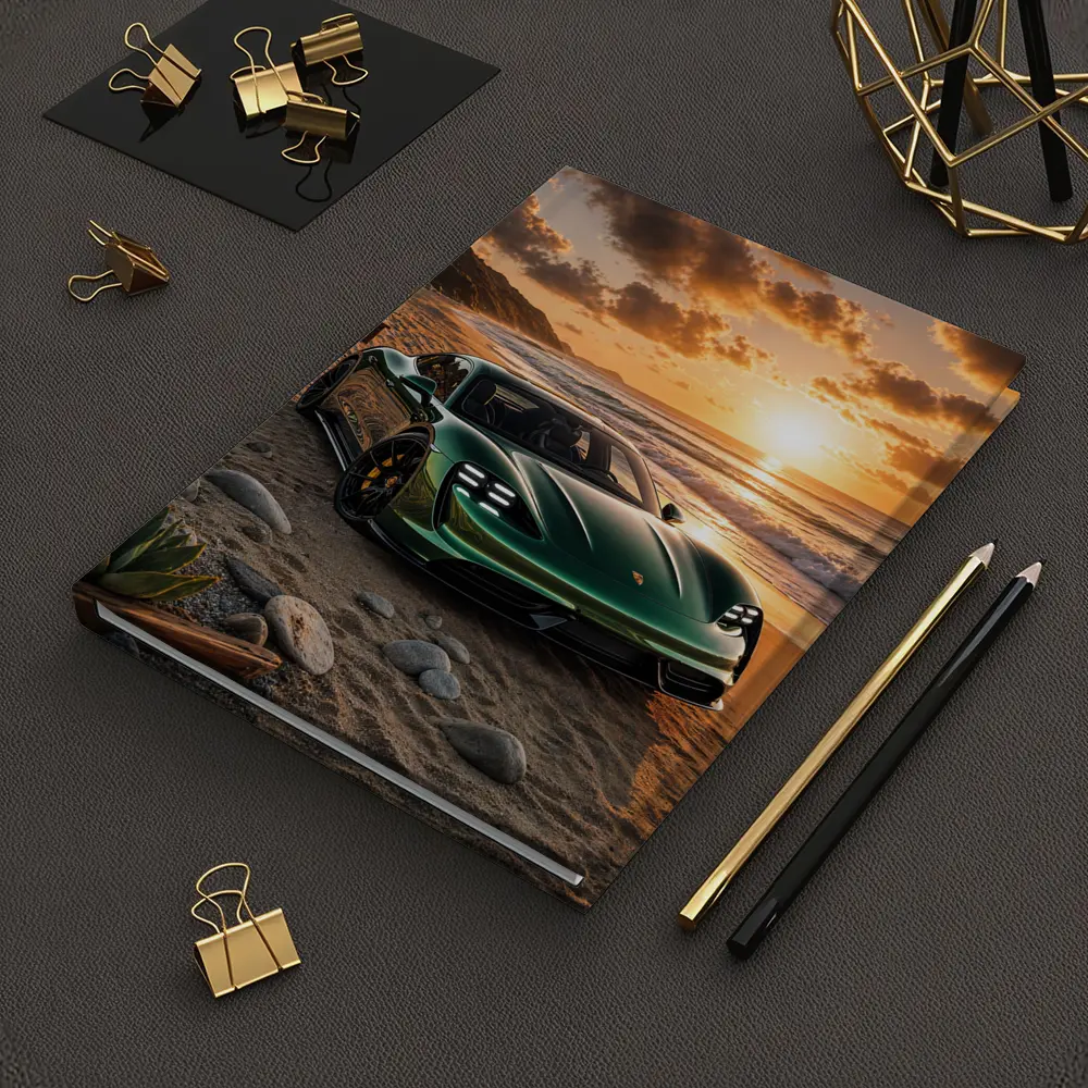 Porsche Taycan Green on Sunset Beach – Notebooks