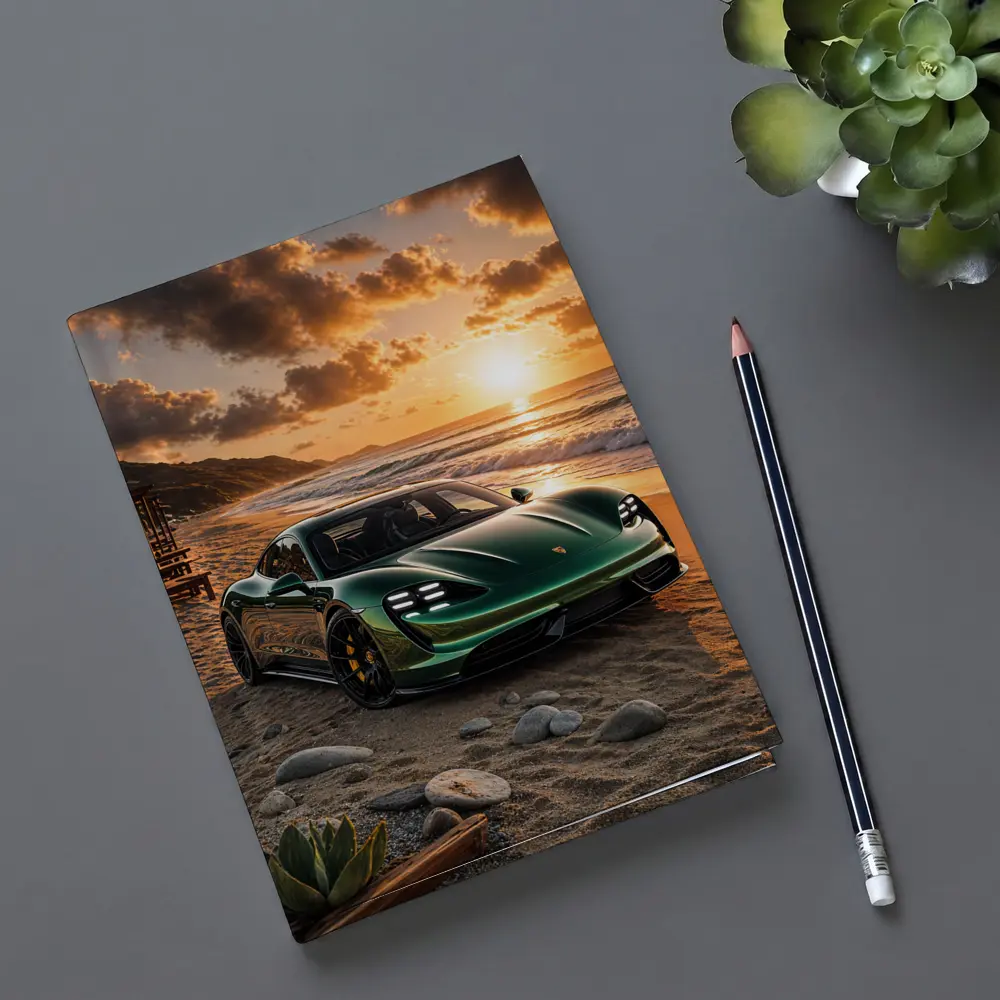 Porsche Taycan Green on Sunset Beach – Notebooks