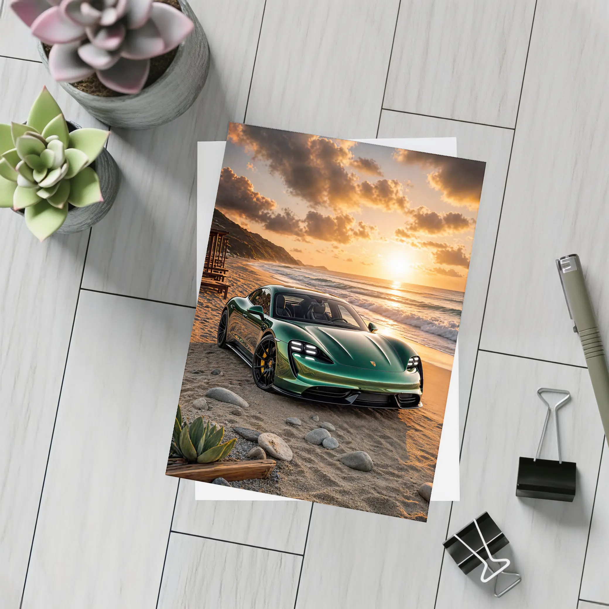 Porsche Taycan Green on Sunset Beach – Postcards