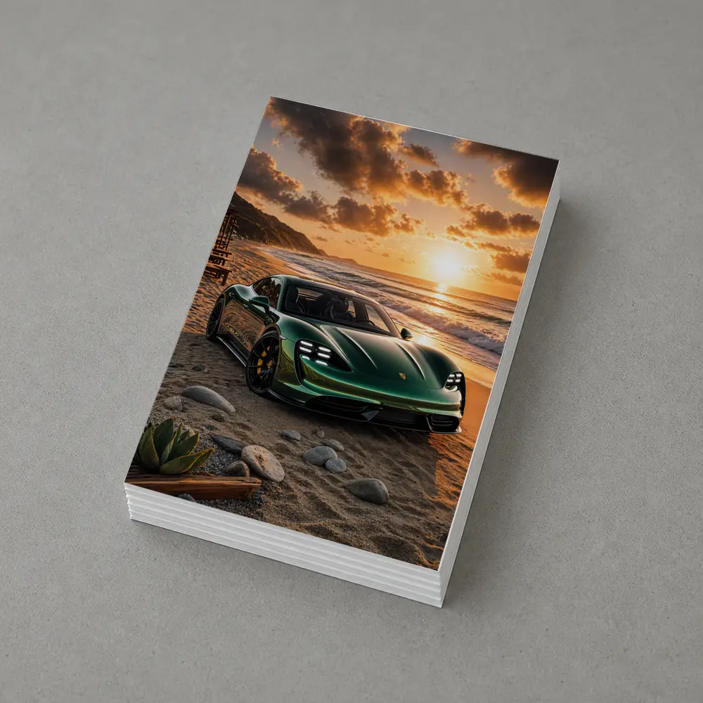 Porsche Taycan Green on Sunset Beach – Postcards