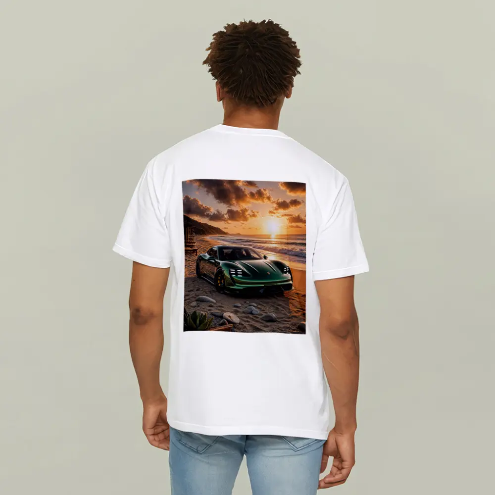 Porsche Taycan Green on Sunset Beach – T-Shirts