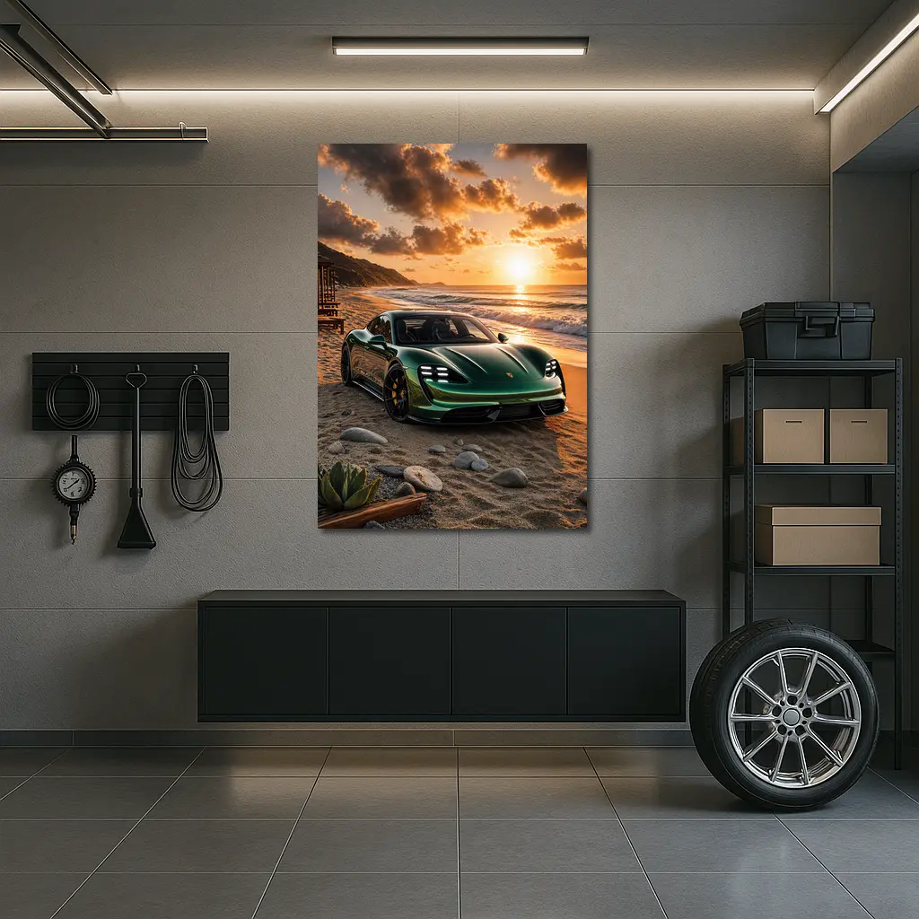 Porsche Taycan Green on Sunset Beach – Wall Art