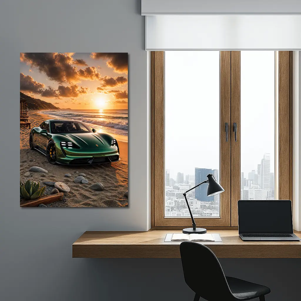 Porsche Taycan Green on Sunset Beach – Wall Art