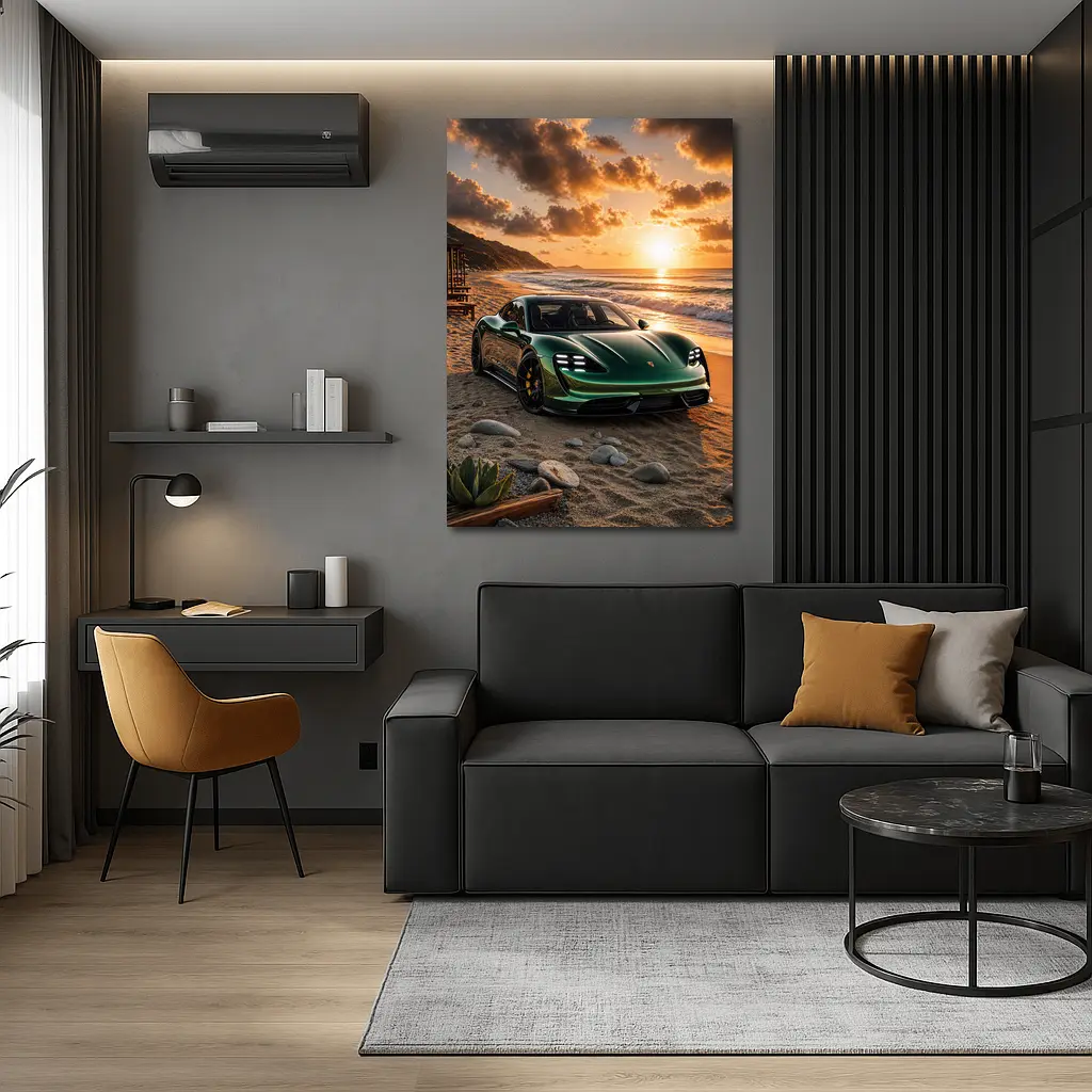 Porsche Taycan Green on Sunset Beach – Wall Art