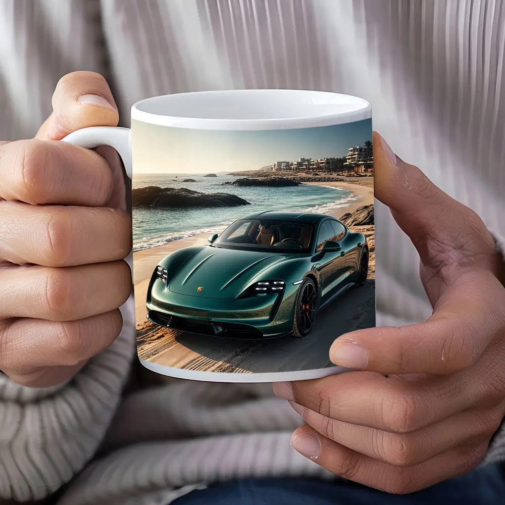 Porsche Taycan Green on Sandy Beach – Mugs