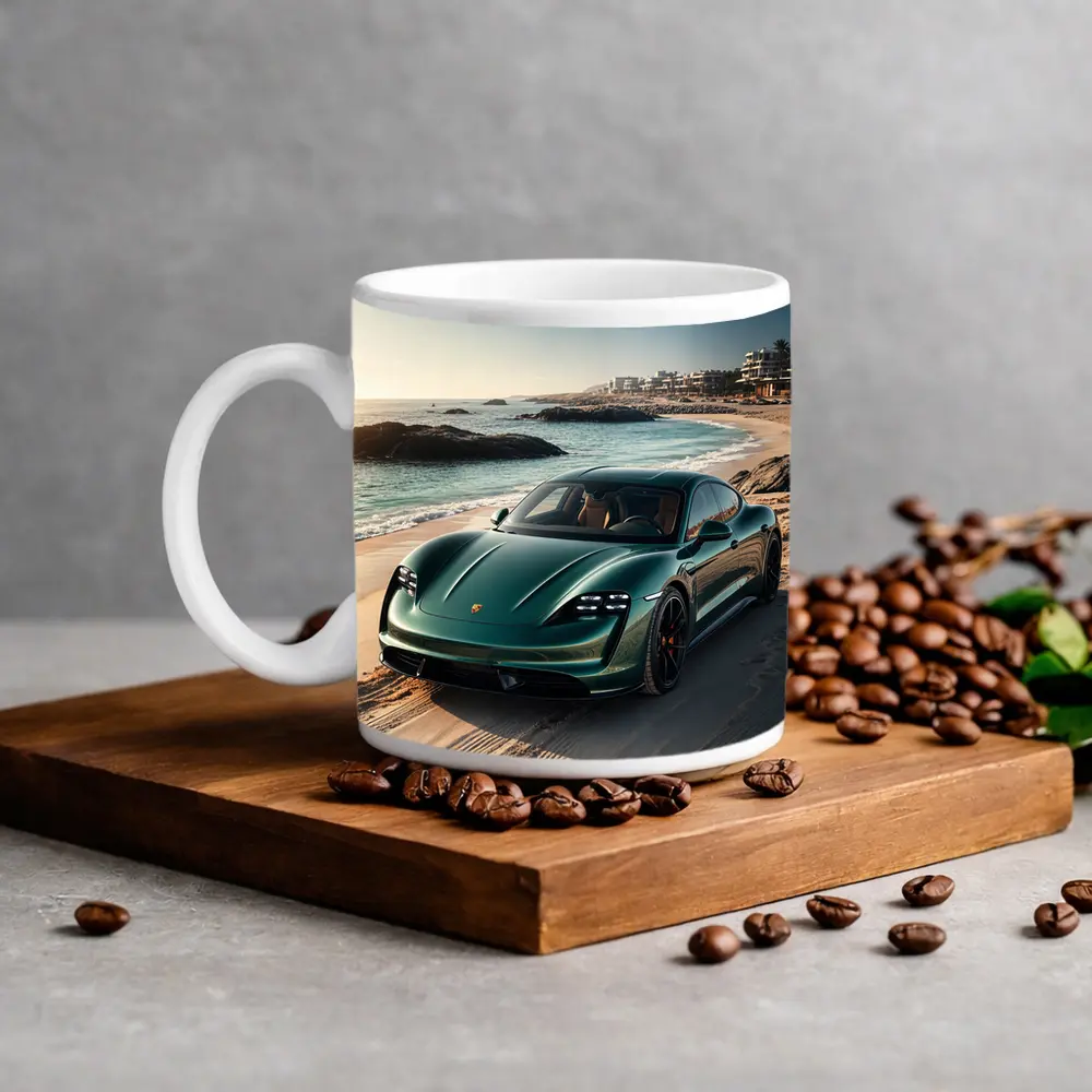 Porsche Taycan Green on Sandy Beach – Mugs