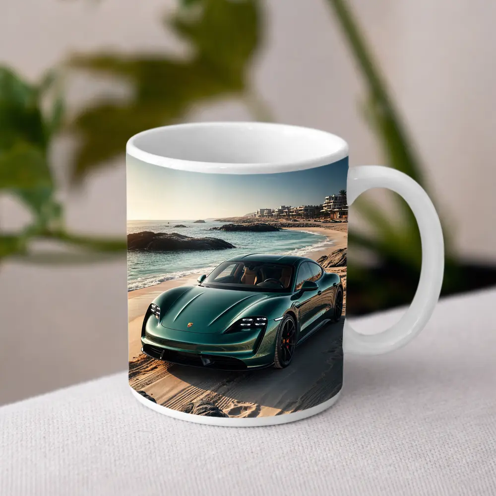 Porsche Taycan Green on Sandy Beach – Mugs