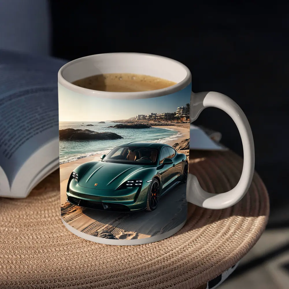 Porsche Taycan Green on Sandy Beach – Mugs
