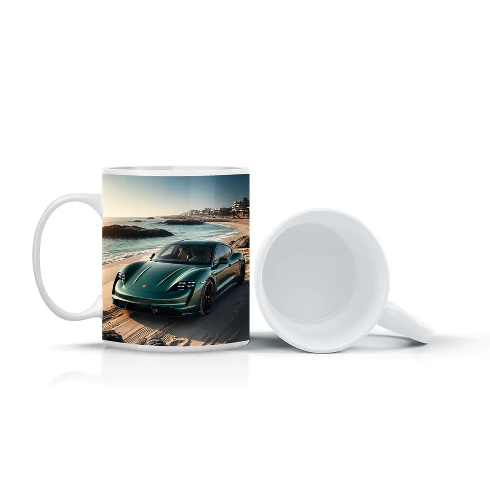 Porsche Taycan Green on Sandy Beach – Mugs