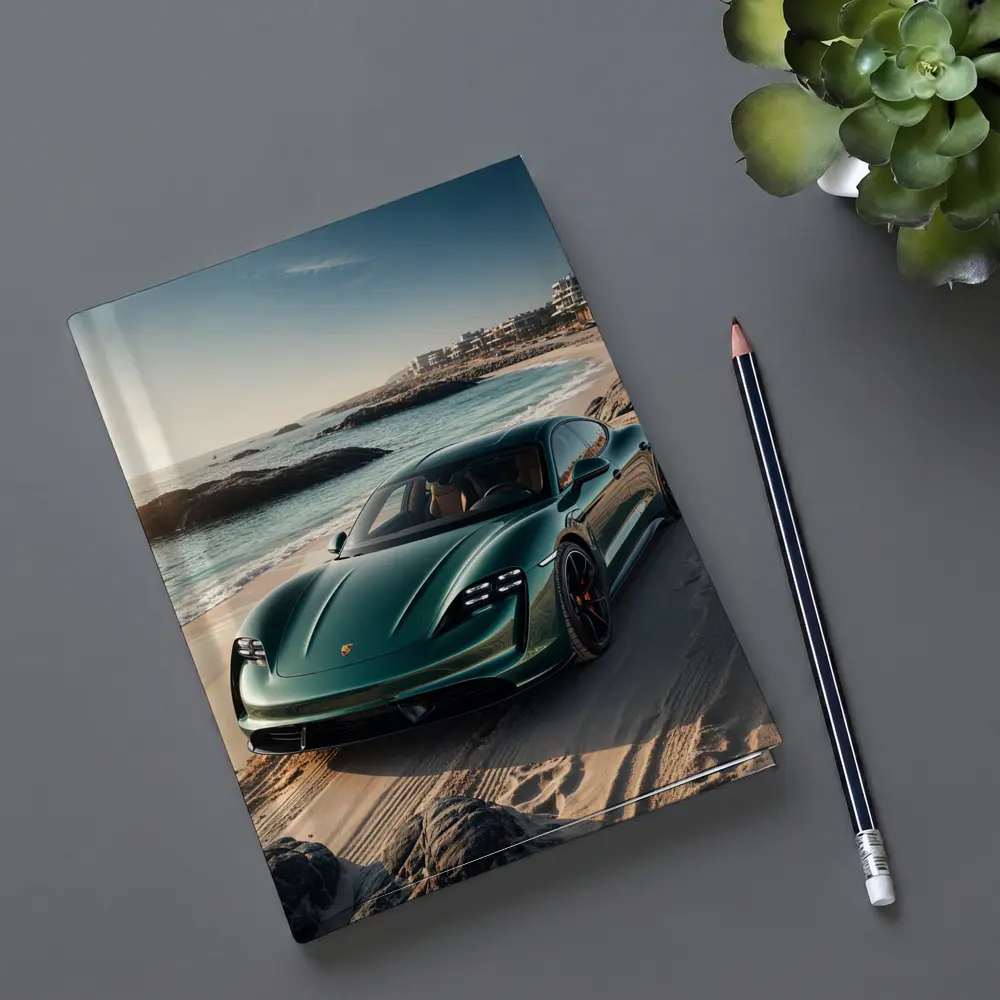 Porsche Taycan Green on Sandy Beach – Notebooks