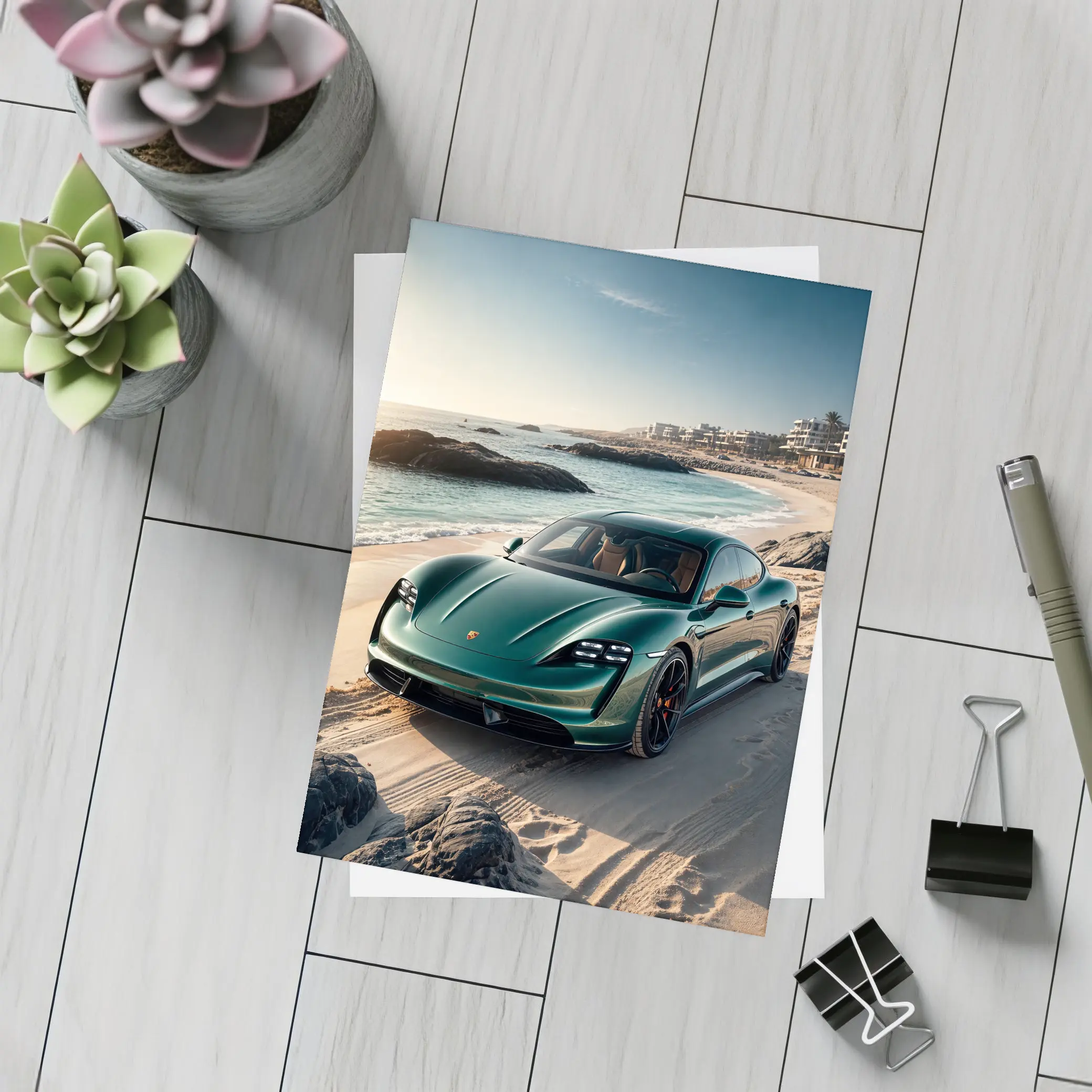 Porsche Taycan Green on Sandy Beach – Postcards