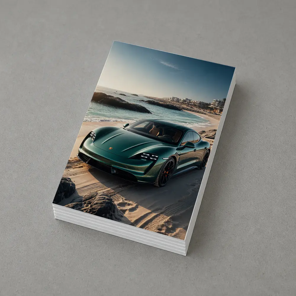Porsche Taycan Green on Sandy Beach – Postcards