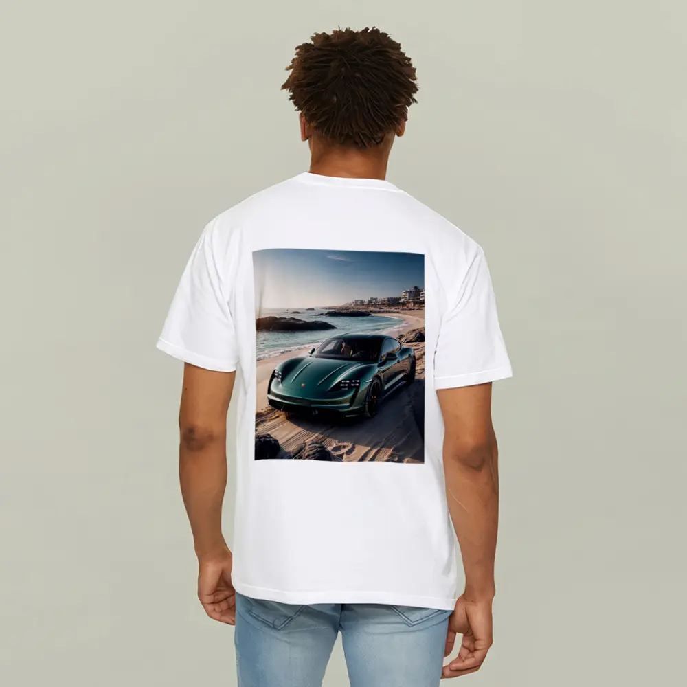 Porsche Taycan Green on Sandy Beach – T-Shirts