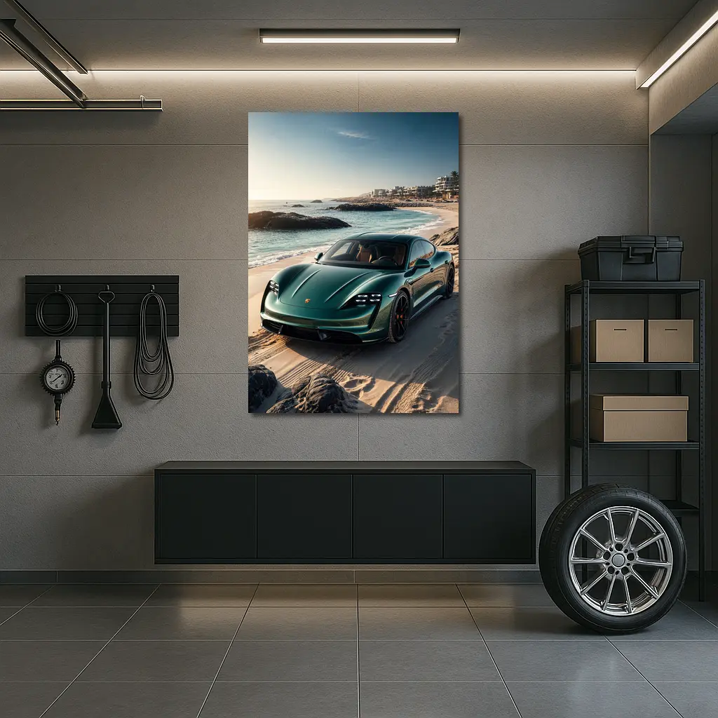 Porsche Taycan Green on Sandy Beach – Wall Art