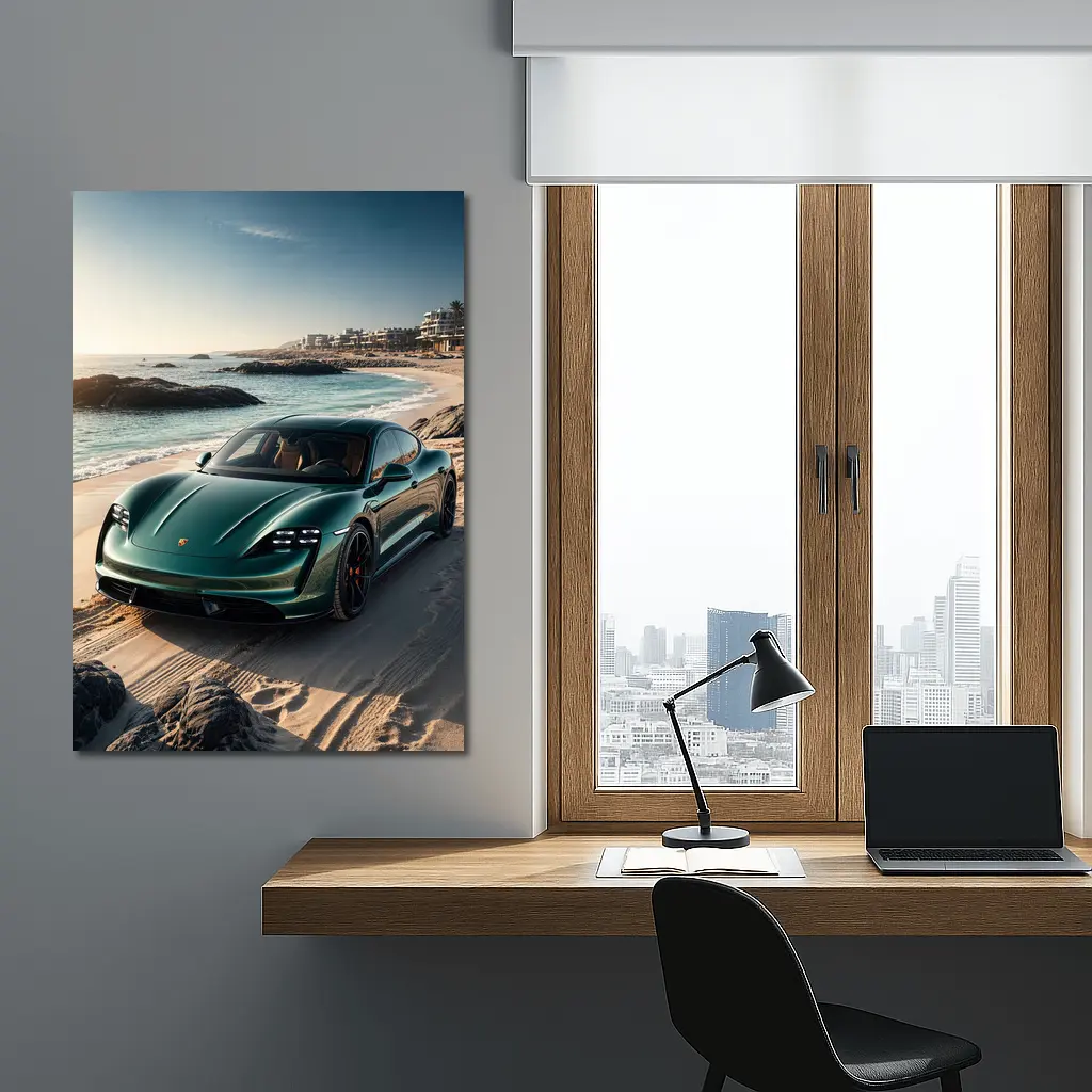 Porsche Taycan Green on Sandy Beach – Wall Art