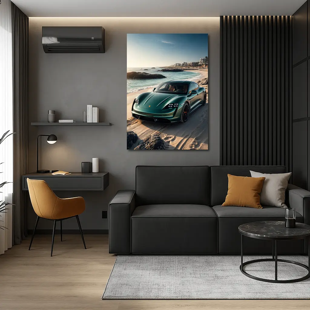 Porsche Taycan Green on Sandy Beach – Wall Art