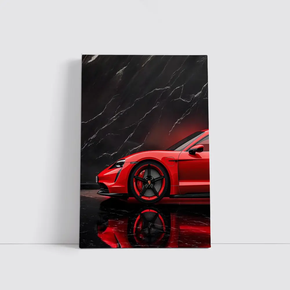 Porsche Taycan Red Against Black Marble – Wall Art
