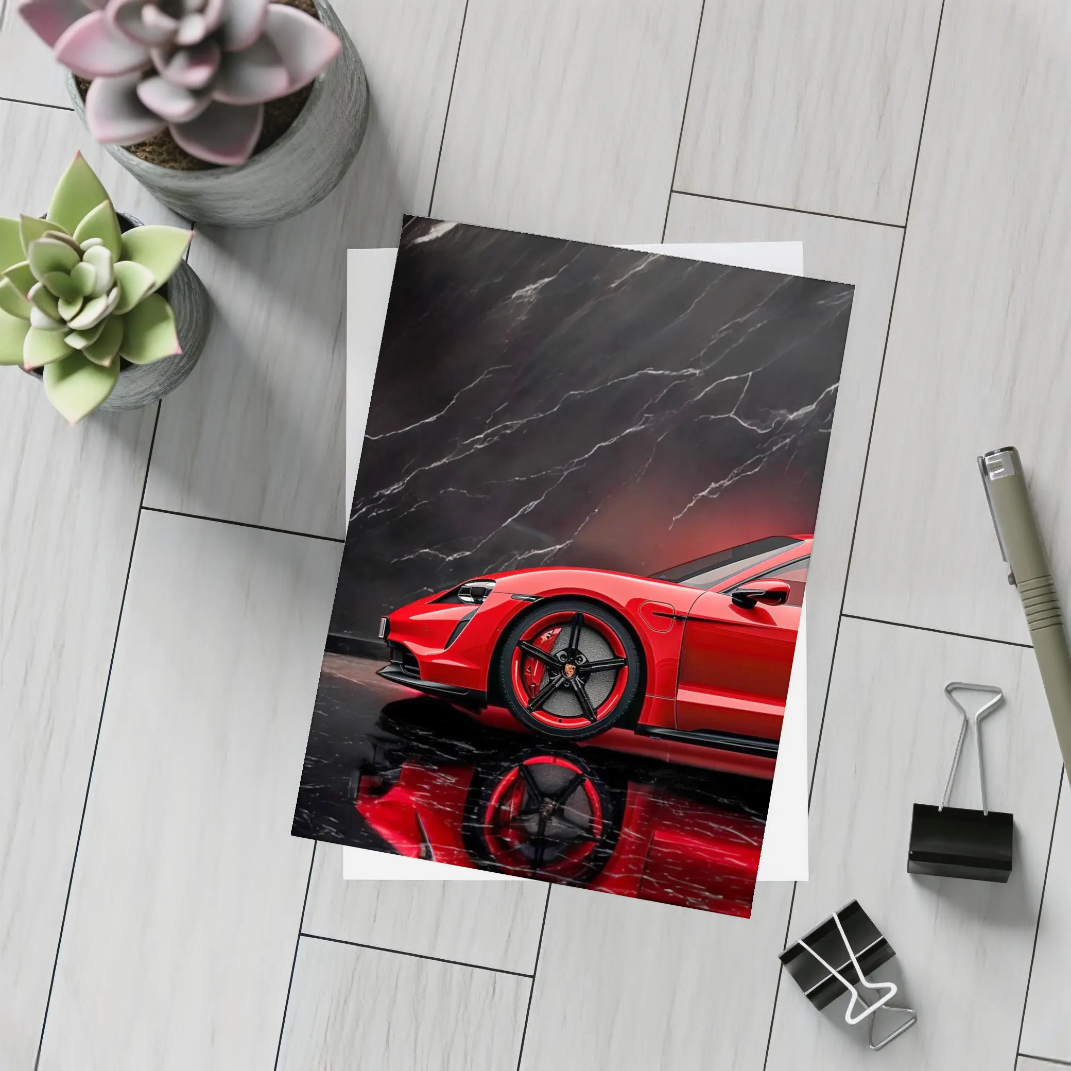 Porsche Taycan Red Against Black Marble – Postcards