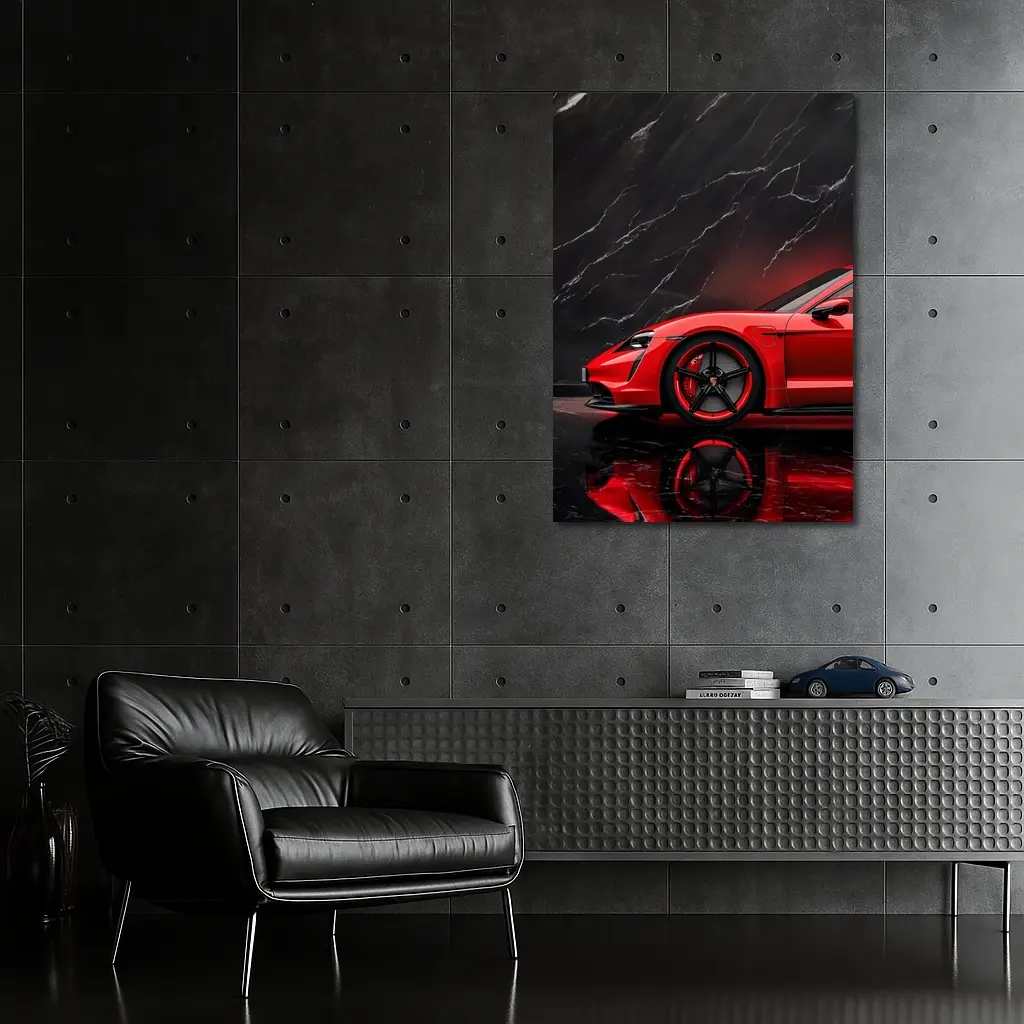 Porsche Taycan Red Against Black Marble – Wall Art