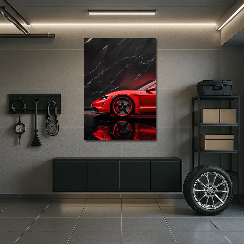 Porsche Taycan Red Against Black Marble – Wall Art