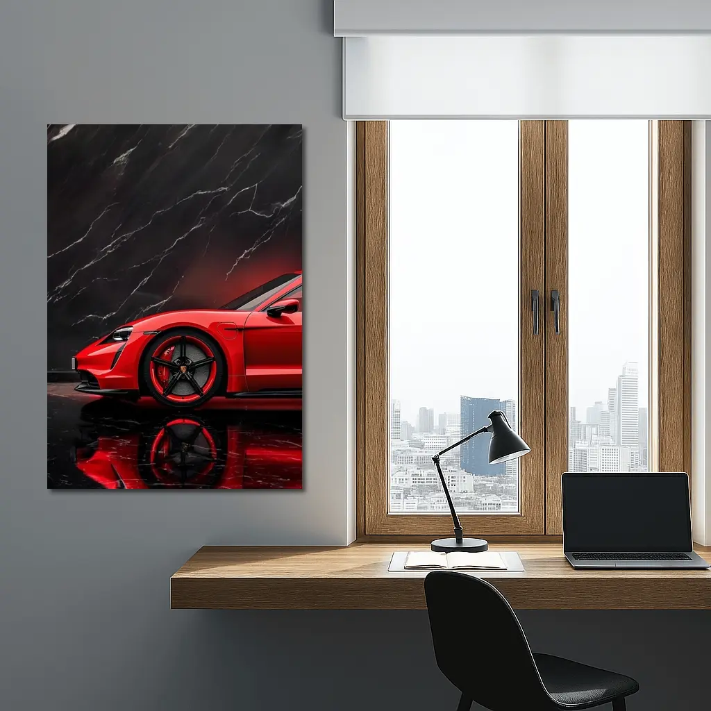 Porsche Taycan Red Against Black Marble – Wall Art