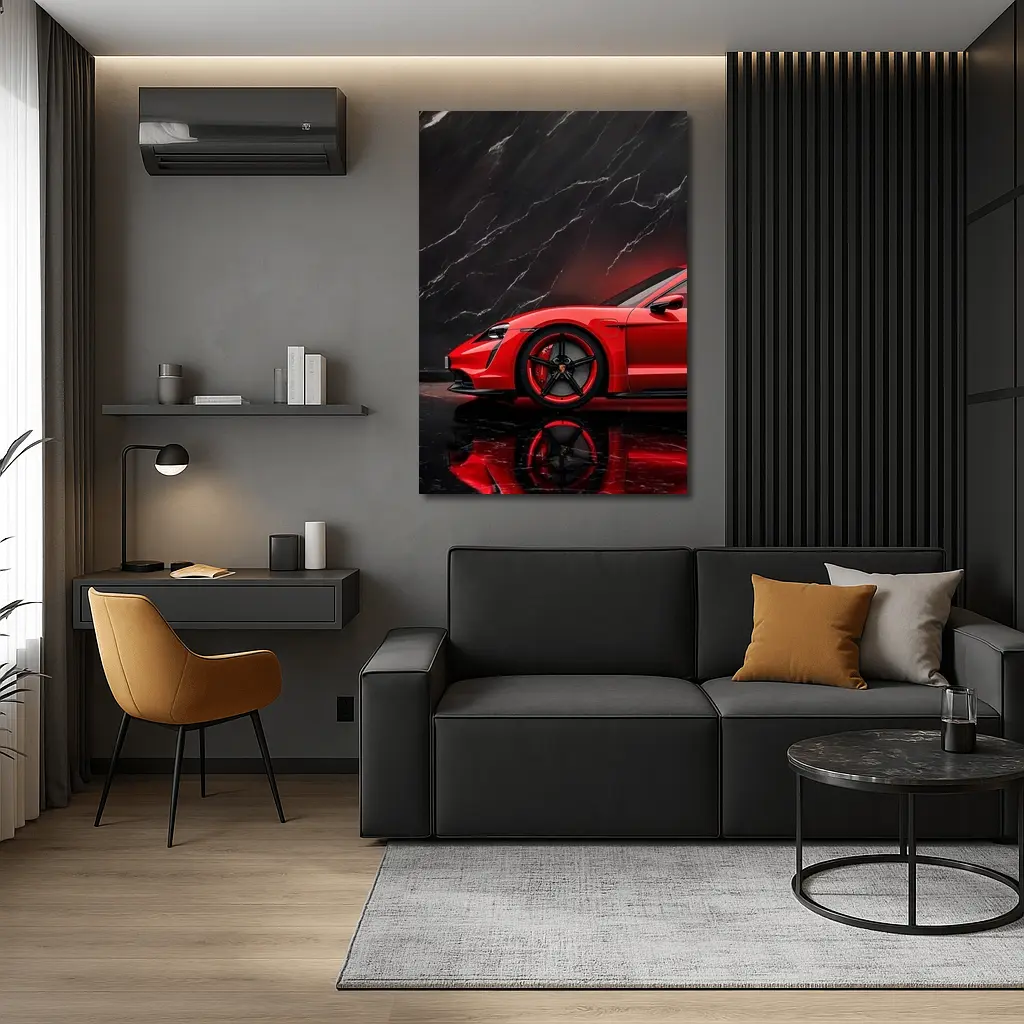 Porsche Taycan Red Against Black Marble – Wall Art