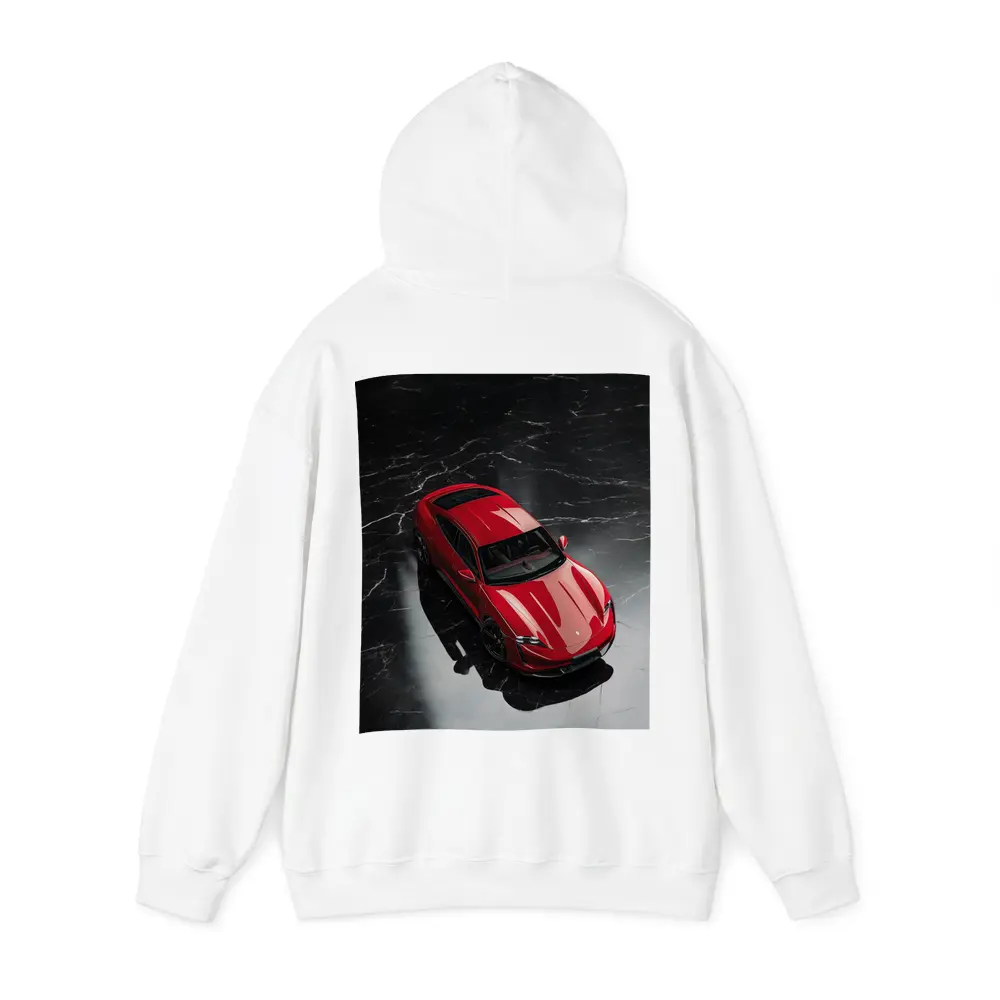 Red Porsche Taycan On Black Marble Floor – Hoodies