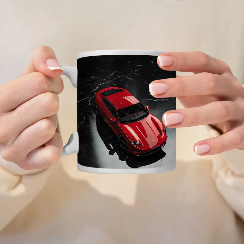 Red Porsche Taycan On Black Marble Floor – Mugs