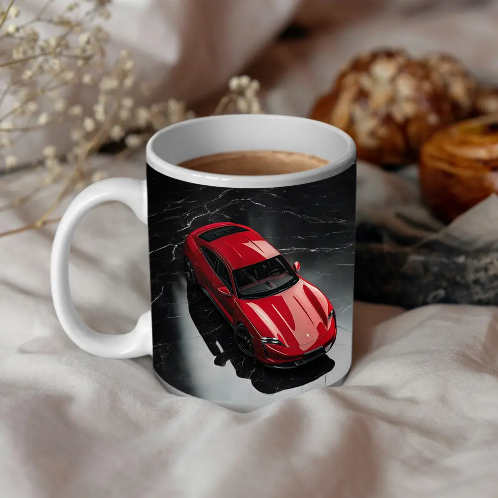 Red Porsche Taycan On Black Marble Floor – Mugs