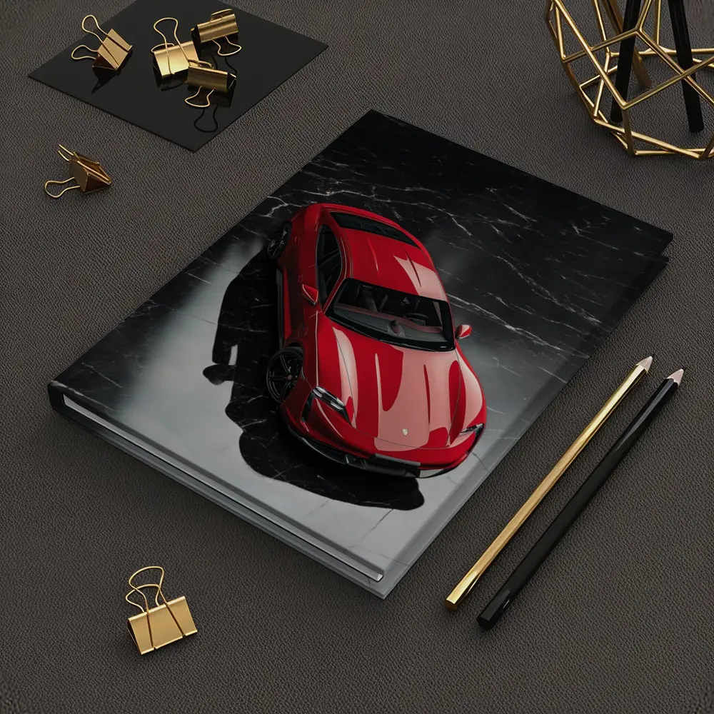 Red Porsche Taycan On Black Marble Floor – Notebooks