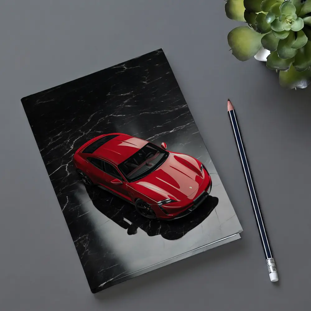 Red Porsche Taycan On Black Marble Floor – Notebooks