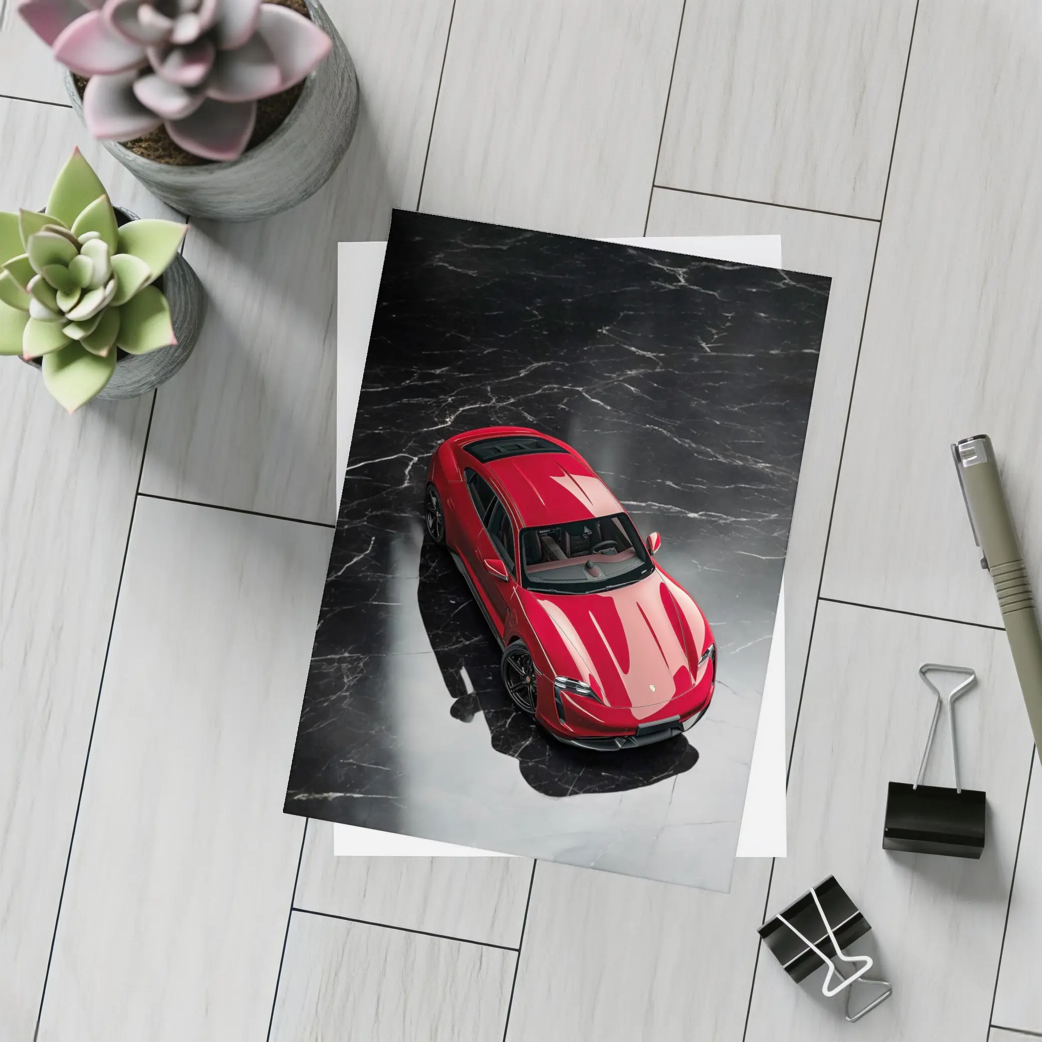 Red Porsche Taycan On Black Marble Floor – Postcards