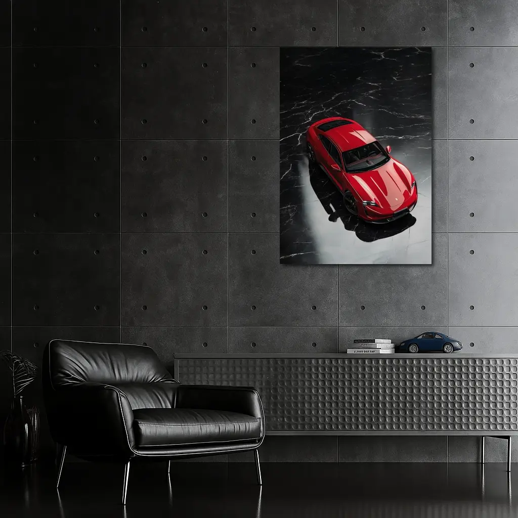 Red Porsche Taycan On Black Marble Floor – Wall Art