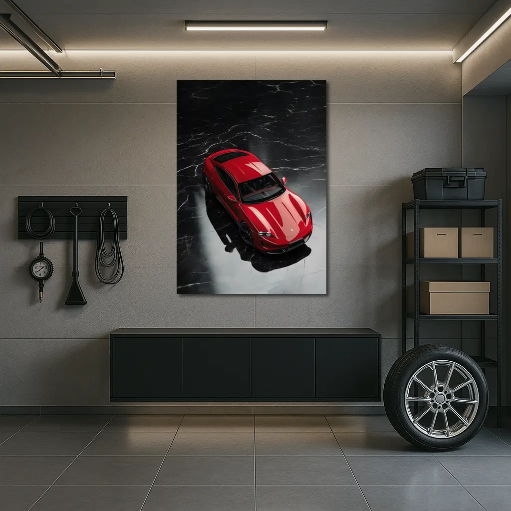 Red Porsche Taycan On Black Marble Floor – Wall Art