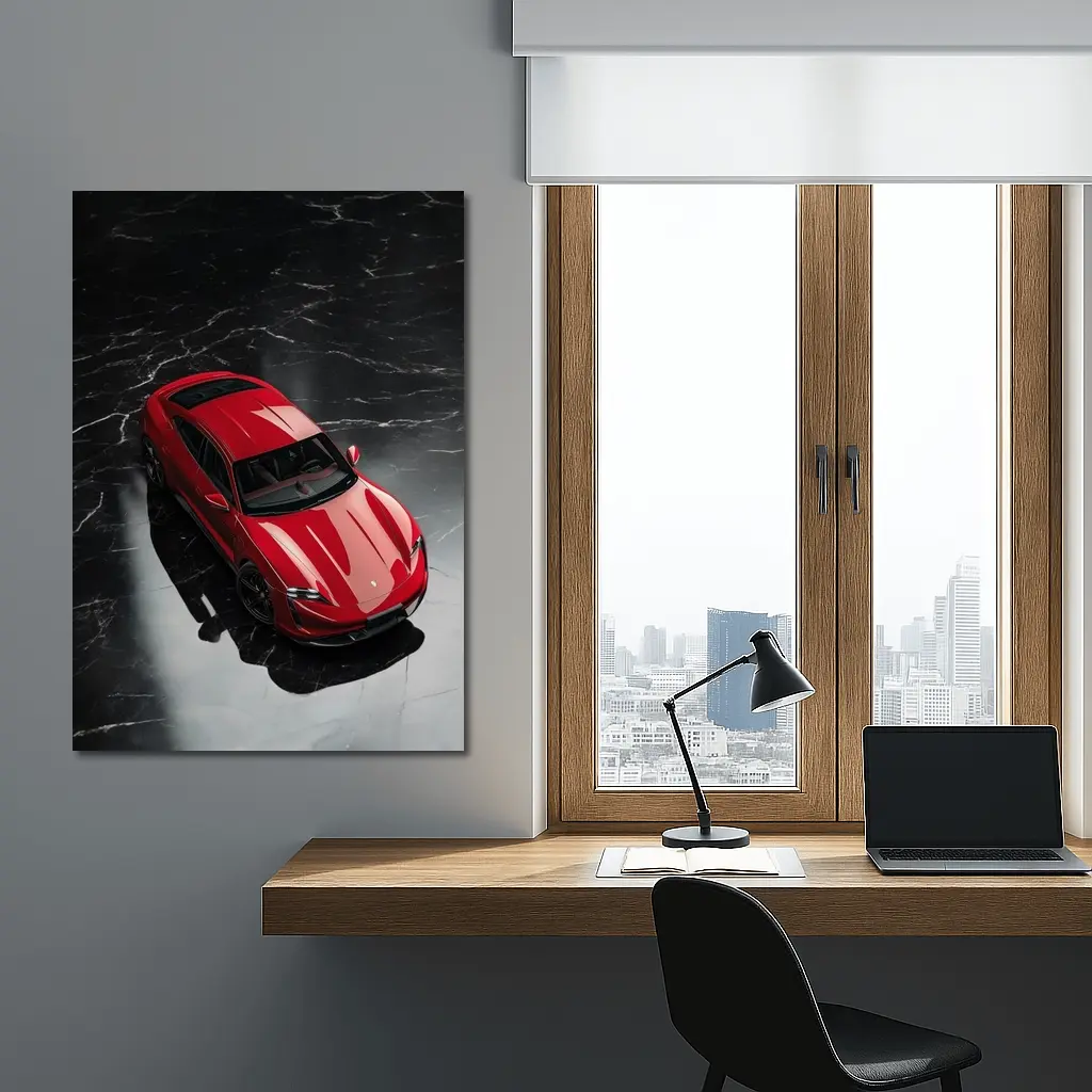 Red Porsche Taycan On Black Marble Floor – Wall Art