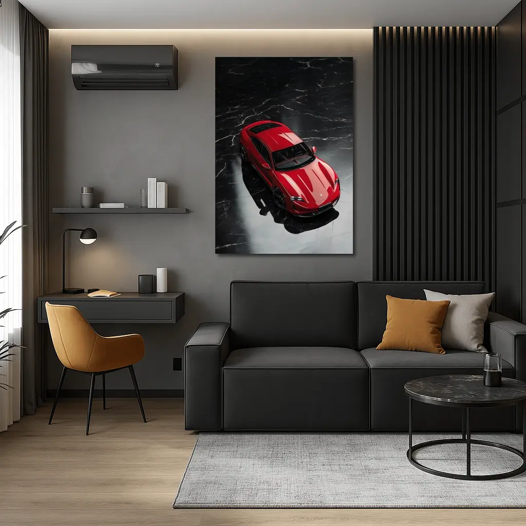 Red Porsche Taycan On Black Marble Floor – Wall Art