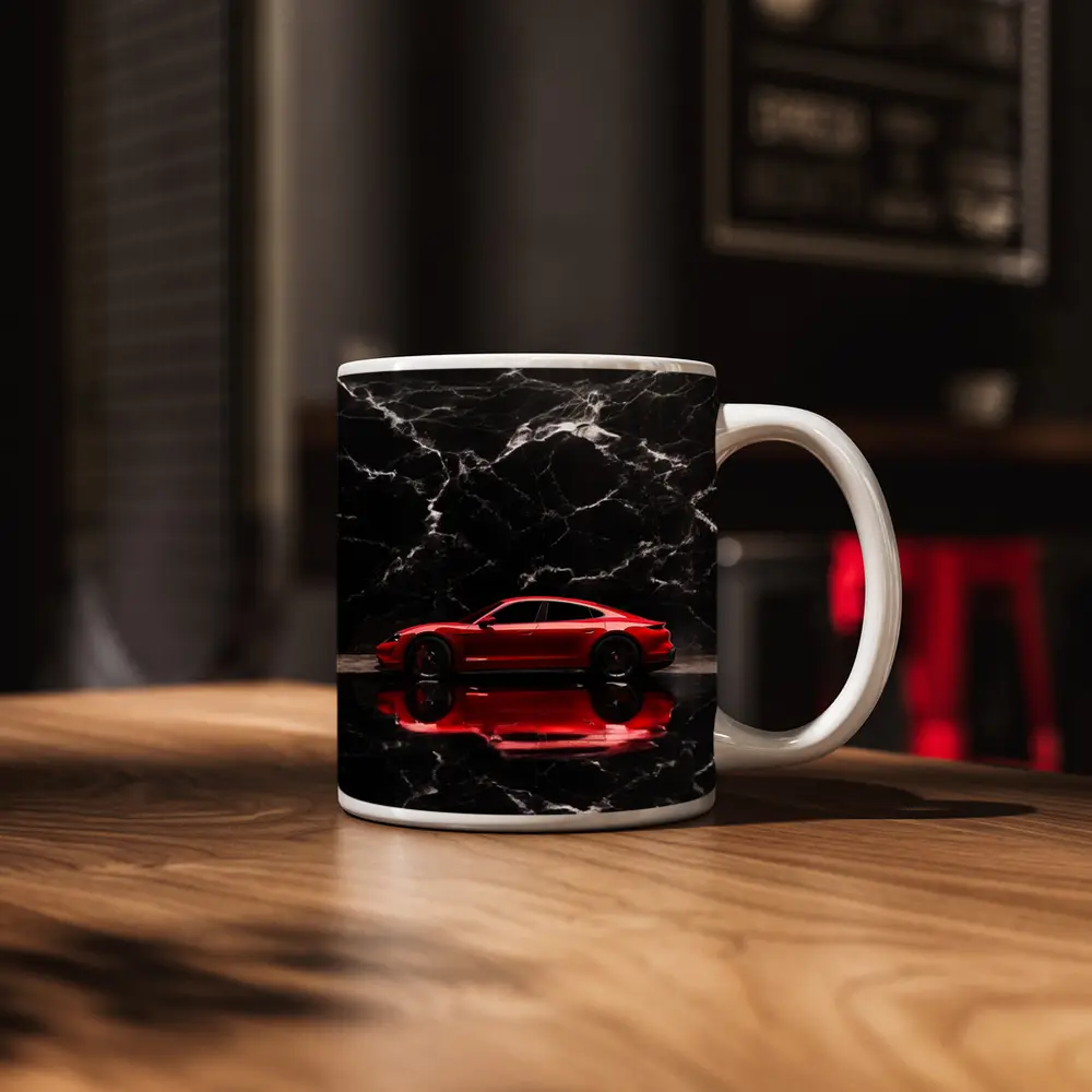 Porsche Taycan Red on Black Marble – Mugs
