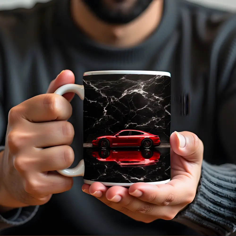 Porsche Taycan Red on Black Marble – Mugs