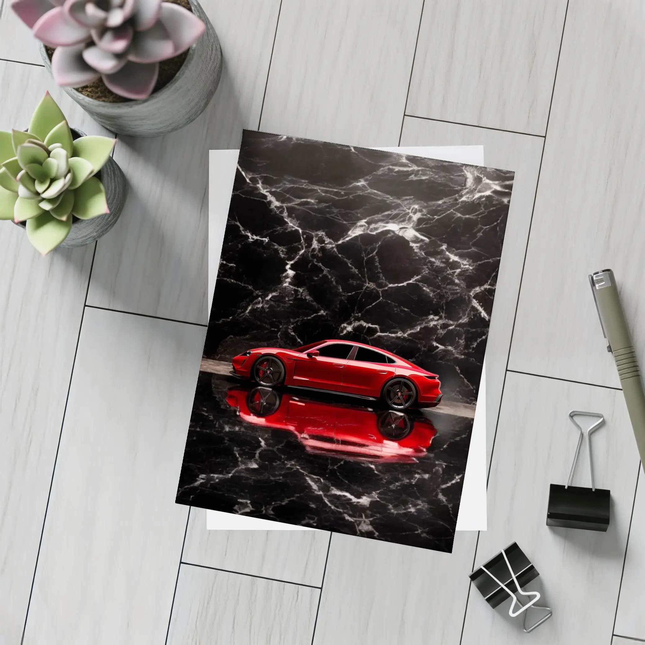 Porsche Taycan Red on Black Marble – Postcards