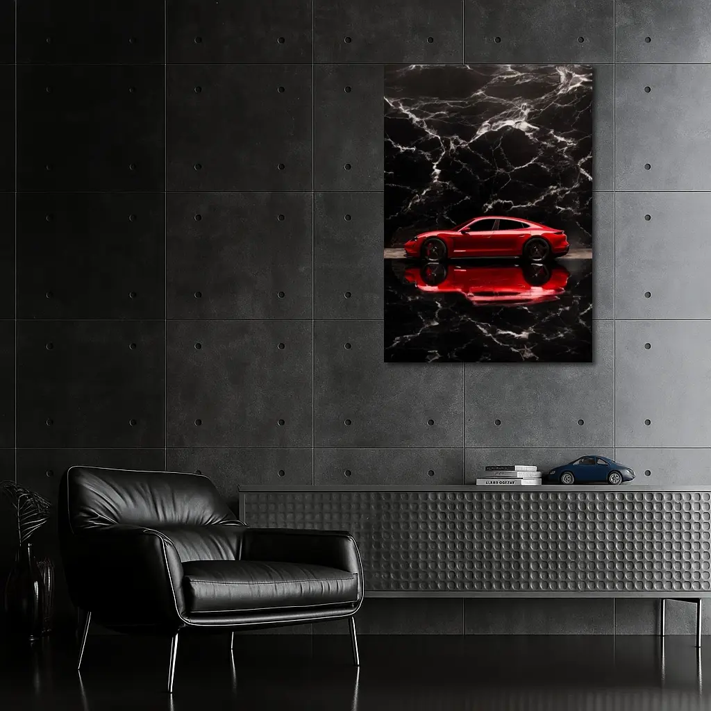 Porsche Taycan Red on Black Marble – Wall Art
