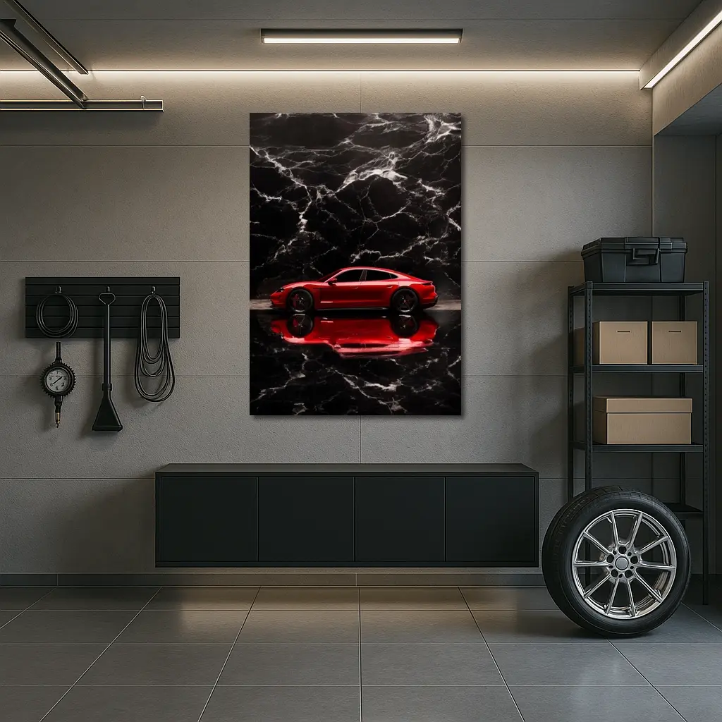 Porsche Taycan Red on Black Marble – Wall Art