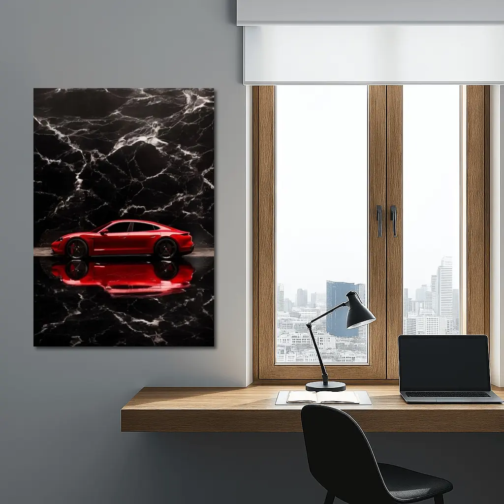 Porsche Taycan Red on Black Marble – Wall Art