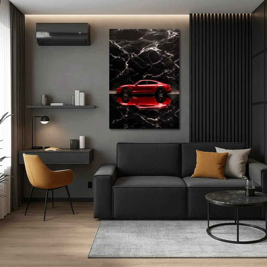 Porsche Taycan Red on Black Marble – Wall Art