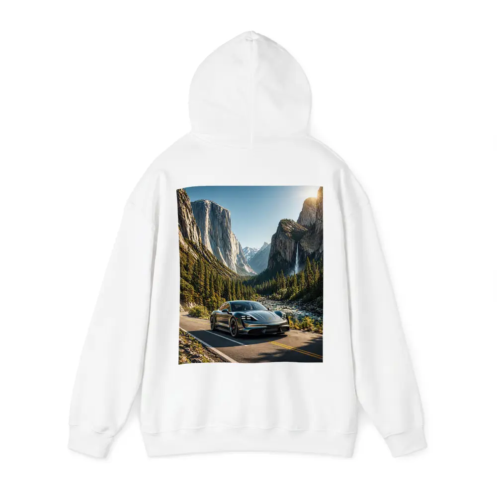 Porsche Taycan Driving Through Mountain Valley Road – Hoodies