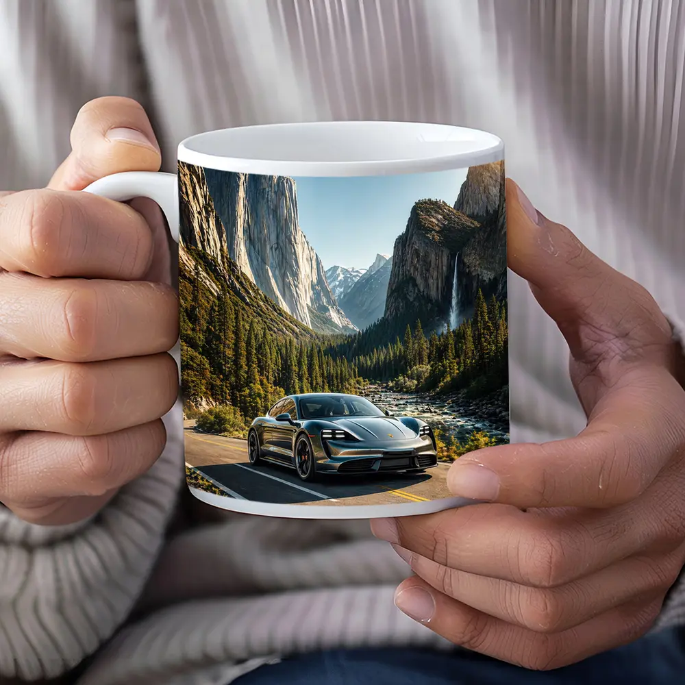 Porsche Taycan Driving Through Mountain Valley Road – Mugs