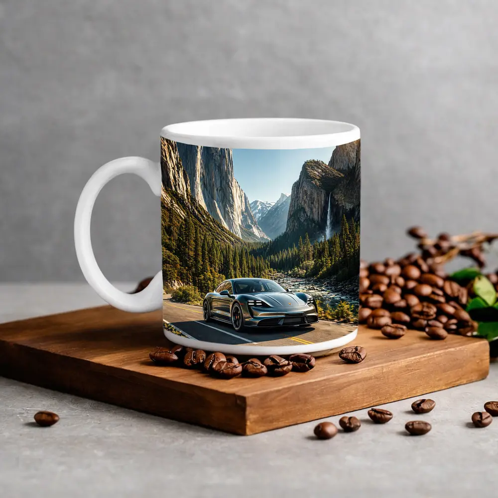 Porsche Taycan Driving Through Mountain Valley Road – Mugs